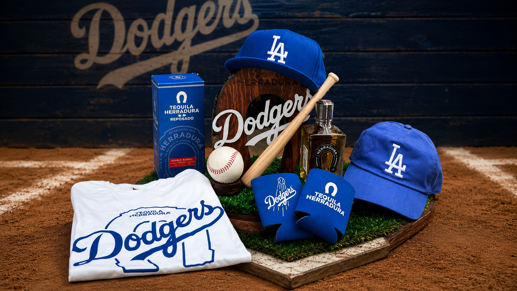 Dodgers and Tequila Herradura branded merchandise display with caps, t-shirt, baseball, bat, and koozies
